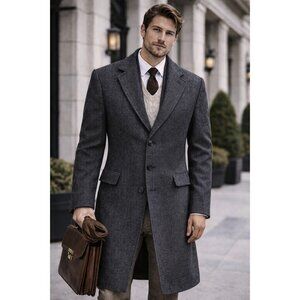 Hart Schaffner Marx Saxony Wool Herringbone Overcoat Mens L Gray Classic Coat